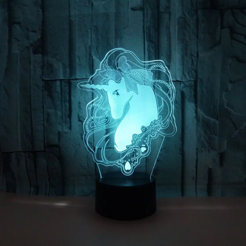 Kawaii Единорог 3D светодиодный светильник ночник разноцветная RGB лампа