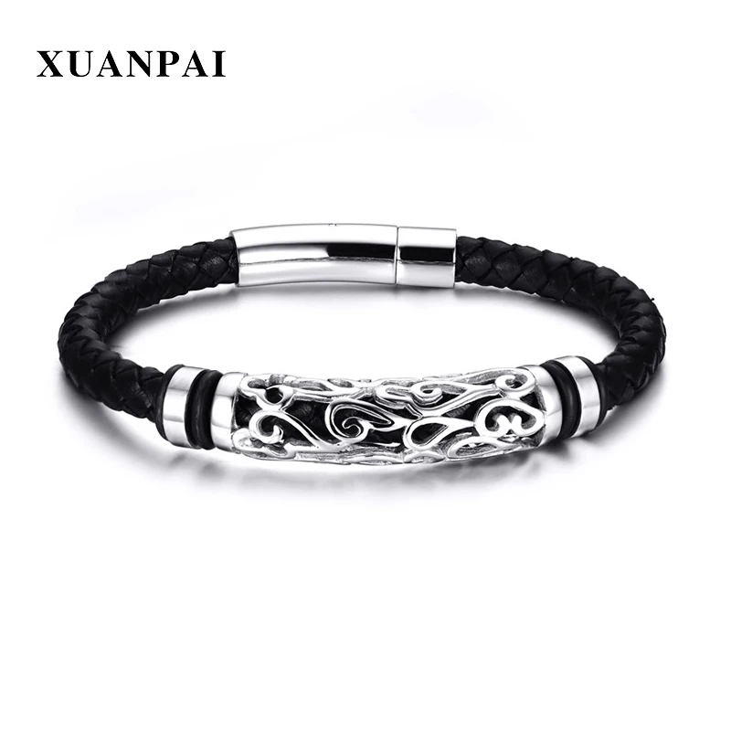 XUANPAI стильный уникальный браслет для мужчин черный плетеный из натуральной кожи