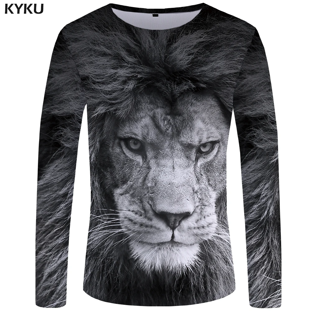 

KYKU Lion T shirt Men Long sleeve shirt Gray Cool Animal 3d T-shirt Clothes Punk Streetwear Mens Clothing New S-XXXXXL