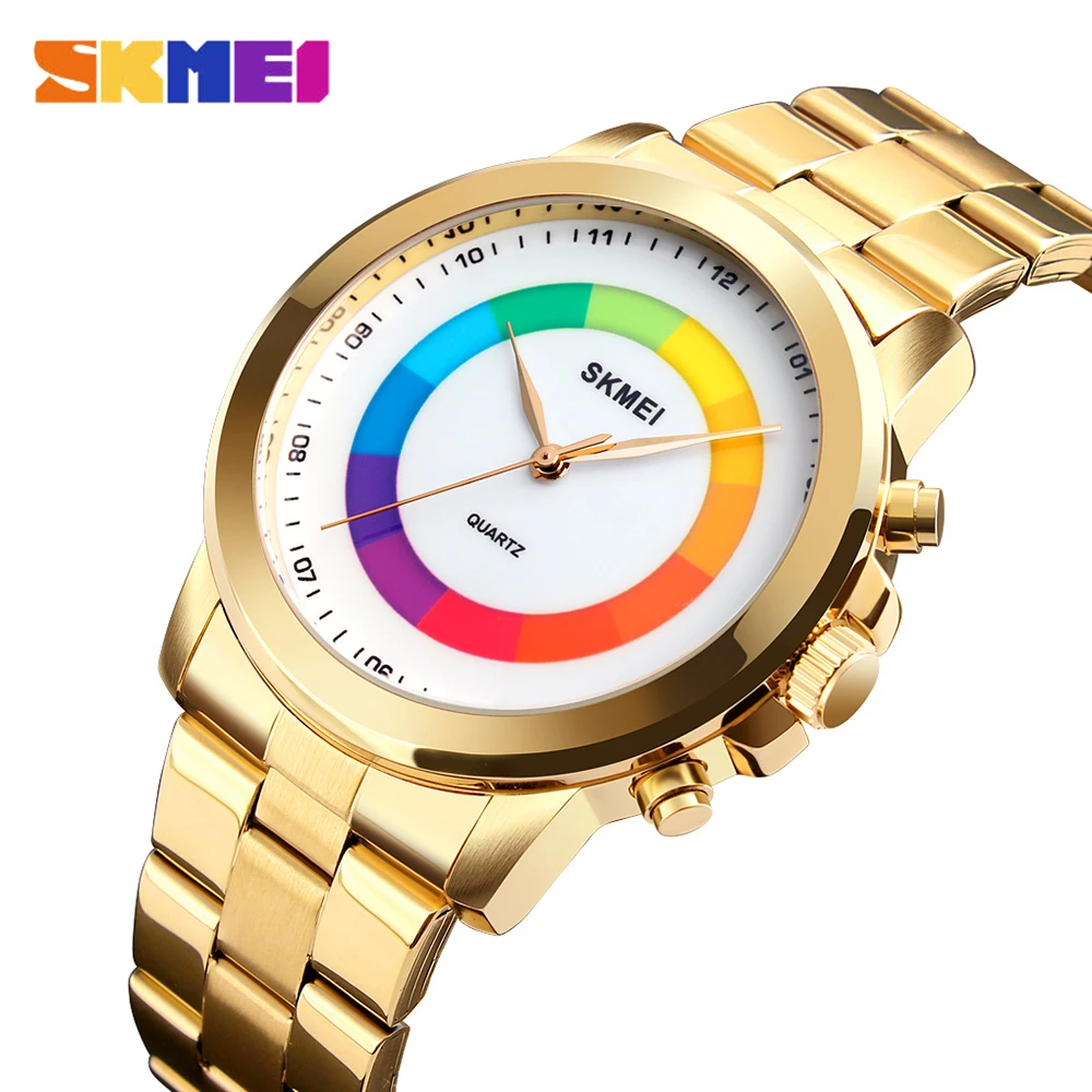 Gold SKMEI модные простые мужские кварцевые наручные часы с цветным циферблатом водонепроницаемые кварцевые часы светодиодный светильник мужские часы relogio masculino 1491 - Цвет: Gold