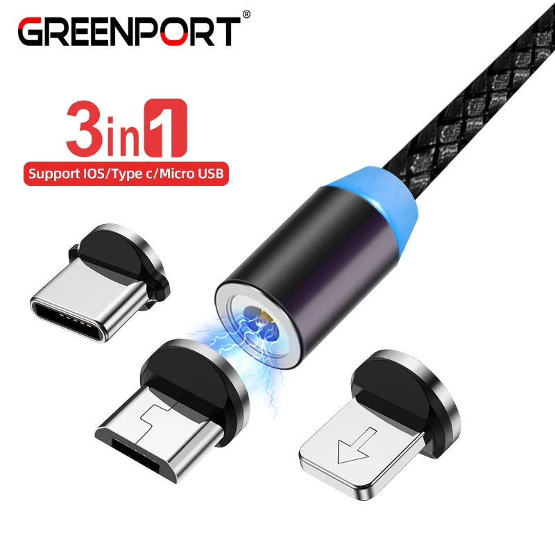 

Магнитный кабель GREENPORT 3 в 1, Micro Usb C, для iphone xs max, Samsung S9, S8, Note 9