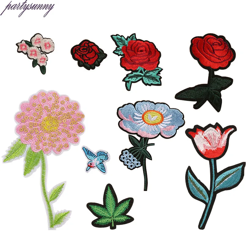 PF Полоса Роза Патч Птица Цветок Вышивка Термо-клей Одежда Патчи Наклейки для