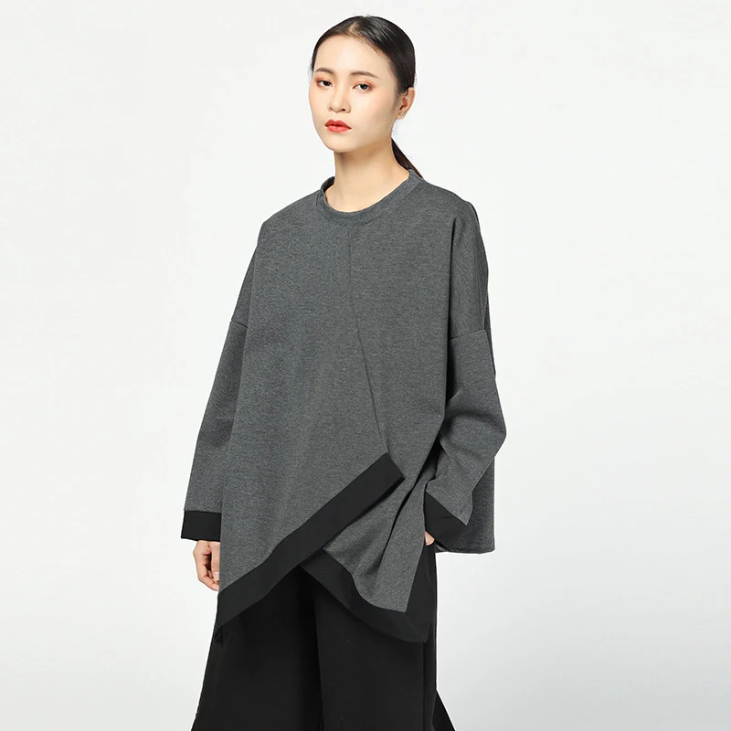 Gray T-shirts CHICEVER хит, цветные топы, женские футболки с круглым вырезом, рукав летучая мышь, асимметричный подол, свободная футболка для женщин, модная повседневная одежда, новинка - Цвет: Gray T-shirts