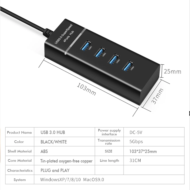 4 порта USB HUB Высокоскоростной 5 Гбит/с usb 3 0 концентратор для разветвитель хаб