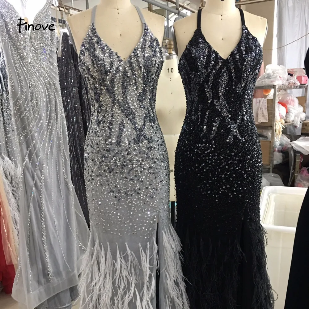 Finove Evening Dress 2019 New Design Spaghetti Strap Long With Beaded Feather Backless Elegant Gowns Party for Woman | Свадьбы и