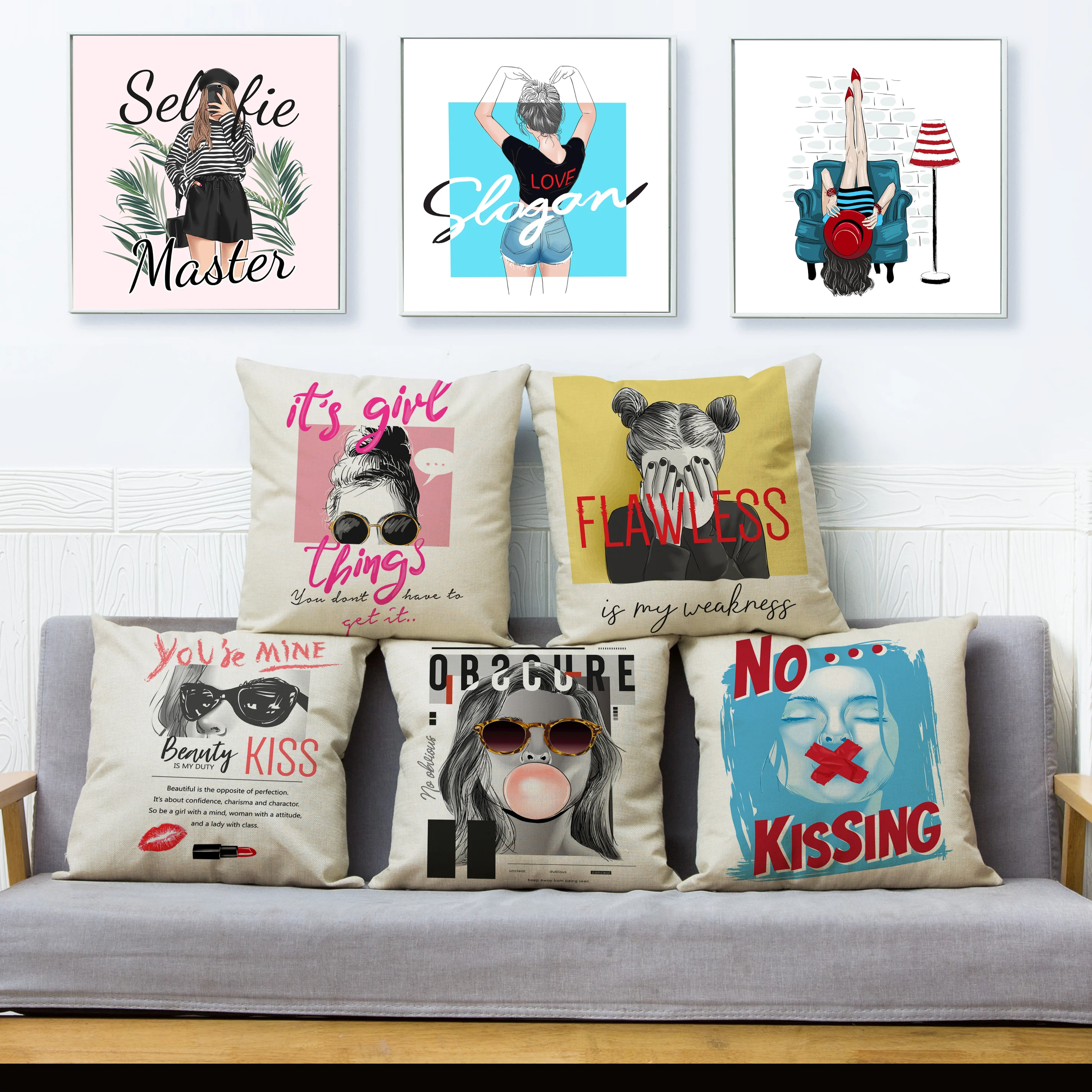 

Fashion Girls Print Cushion Cover 45*45 Beige Linen Cushions Covers Cute Women Pillowcase Modern Home Decor Throw Pillows Cases