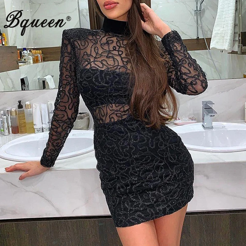 Bqueen сексуальное Бандажное кружевное мини-платье СО СТОЯЩИМ ВОРОТНИКОМ с длинным