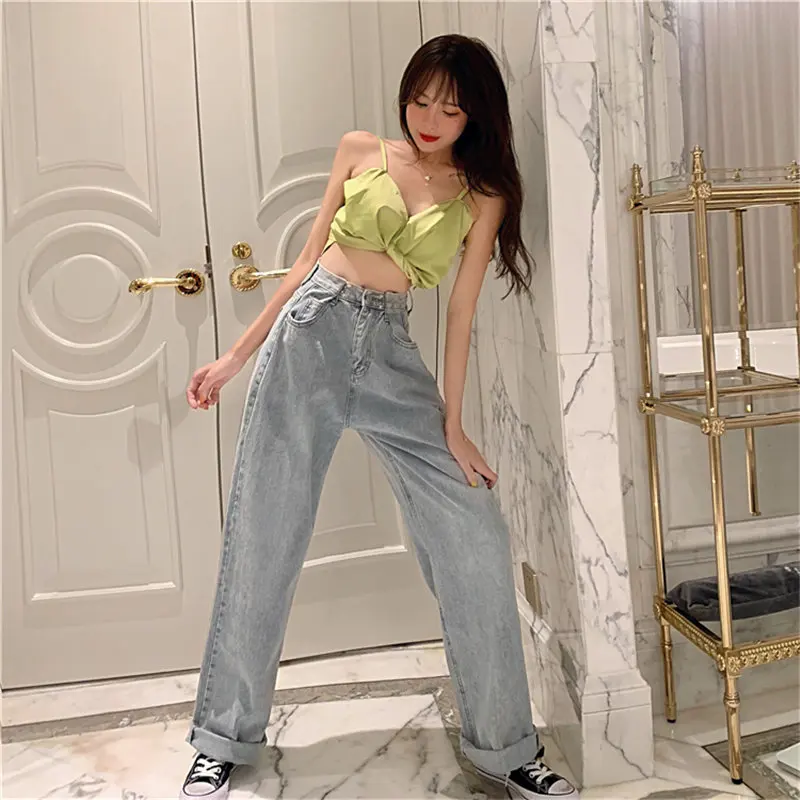 

HziriP 2019 Chic Hong Kong Style Streetwear High Waist Stylish Vintage Plus Size Straight Trousers All Match Wide Leg Blue Pants