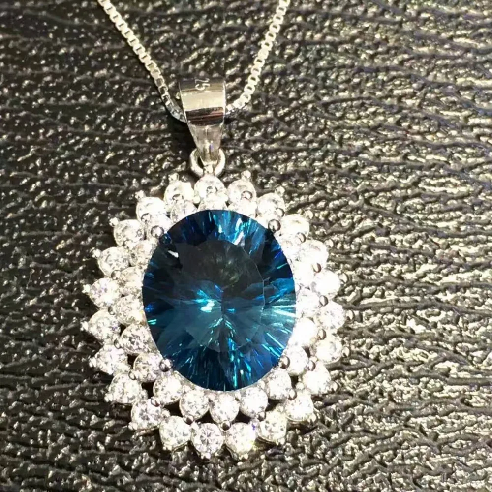 

natural blue topaz gem pendant S925 silver Natural gemstone Pendant Necklace trendy classic Diana round women girl gift jewelry