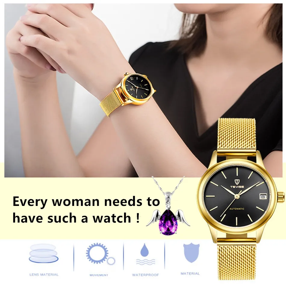 TEVISE женские роскошные часы автоматические механические браслет дамские