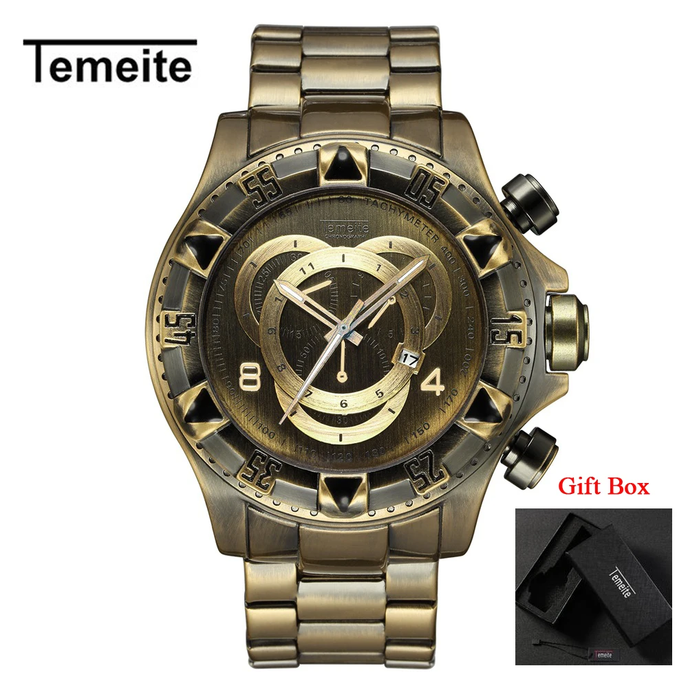 TEMEITE 14 with box Дропшиппинг Temeite мужские часы роскошные золотые часы для мужчин большой циферблат Кварцевые часы Бизнес наручные часы Водонепроницаемый Relogio Masculino - Цвет: TEMEITE 14 with box
