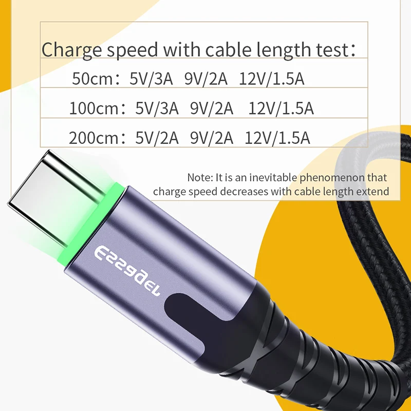 Тип usb C зарядный кабель с светодиодный для быстрой подзарядки 0,5/1/2 m кабель с разъемом usb-c для Redmi K20 samsung Oneplus 7 Pro мобильного телефона USB-C Зарядное устройство