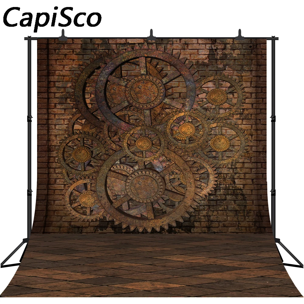

Capisco Steampunk Style Backdrop Shabby Rusted Metal Gears Gloomy Brick Wall Photography Background Portraits Photo Studio Props