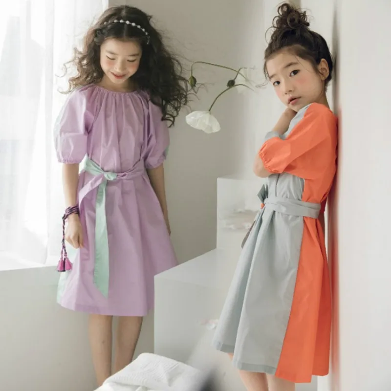 2020 Summer big Girls Dress Colorblock Cotton Teens Kids Princess Party Frocks Fashion Children Clothes Mother Daughter | Детская одежда