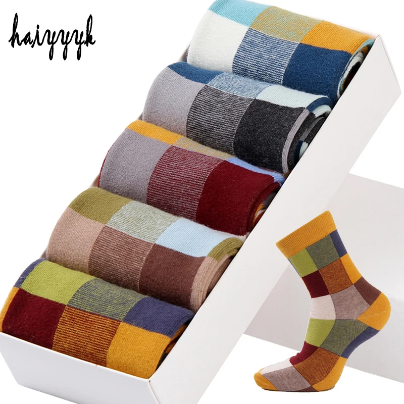 

5 Pairs/Lot Combed Cotton Men's Socks Compression Socks Fashion Colorful Square Happy Dress Socks Men Size 39-45