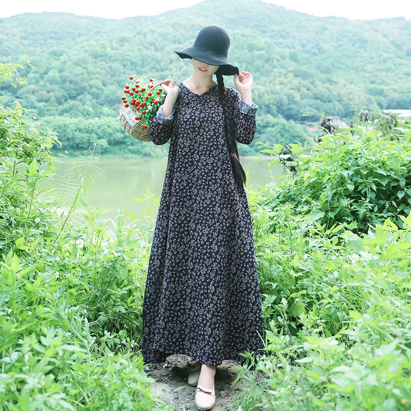 Винтаж Этническая Для женщин Цветочный Принт Свободные V шеи хлопок белье платье