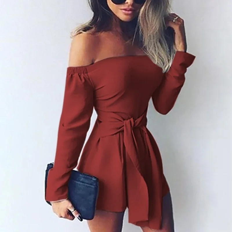 

Women's Stitching A Word Shoulder Pure Color Jumpsuit Office Lady Solid Gray Black Pink Magenta Playsuits with Sashes on Holiday