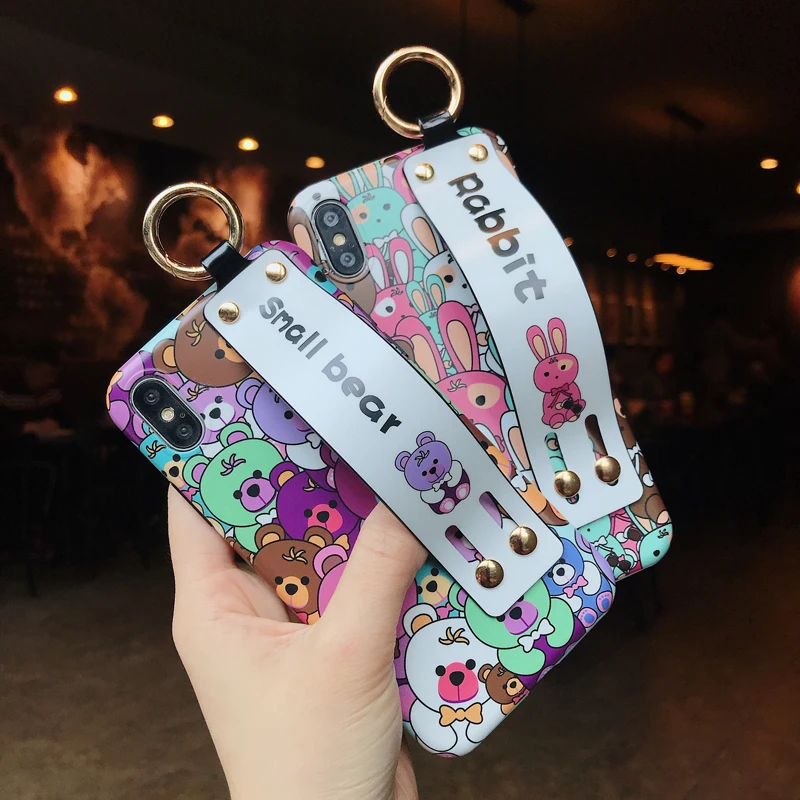 GYPHCA Luxury Brand Cute Cartoon Glossy Bear Wrist Strap TPU Soft Phone Case For iPhone X XS XR XSMAX 6 7 8 Plus Back Cover |