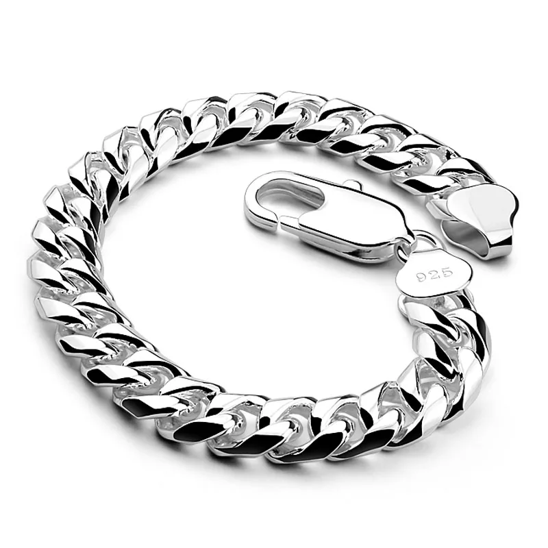 

Men Sterling Silver Jewelry 100% 925 Sterling Silver Vintage Link Hand Chain Bracelet Thick Cuban Bracelet 10MM20cm Bracelet