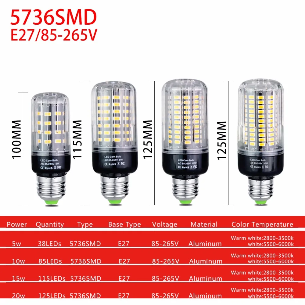Светодиодная лампа-кукуруза SMD 5736 E14 E27 с полной мощностью 20 вт 15 10 5 высокая