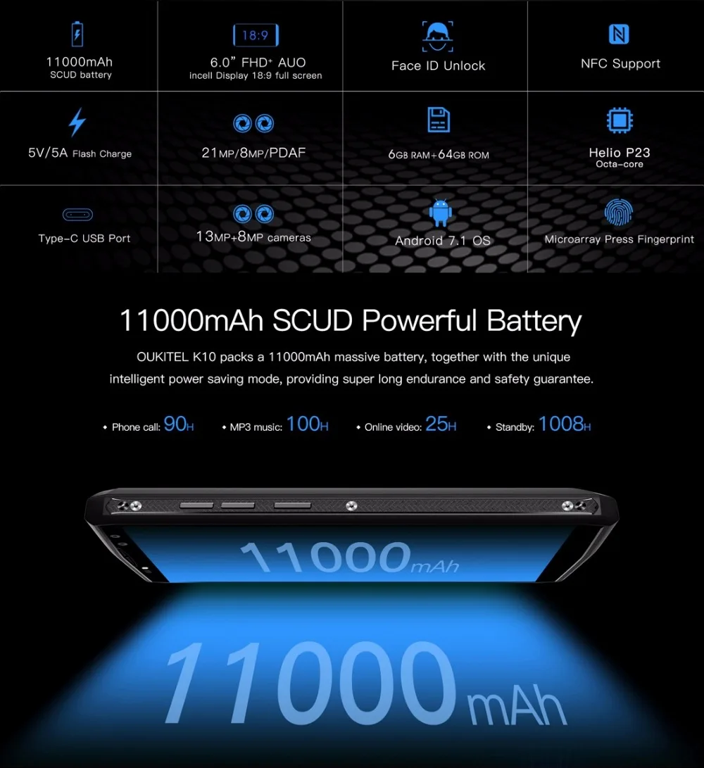 Oukitel K10 6.0 &quot18:9 FHD + Уход за кожей лица ID 4 г смартфон Android 7.1 OS 11000 мАч супер Батарея