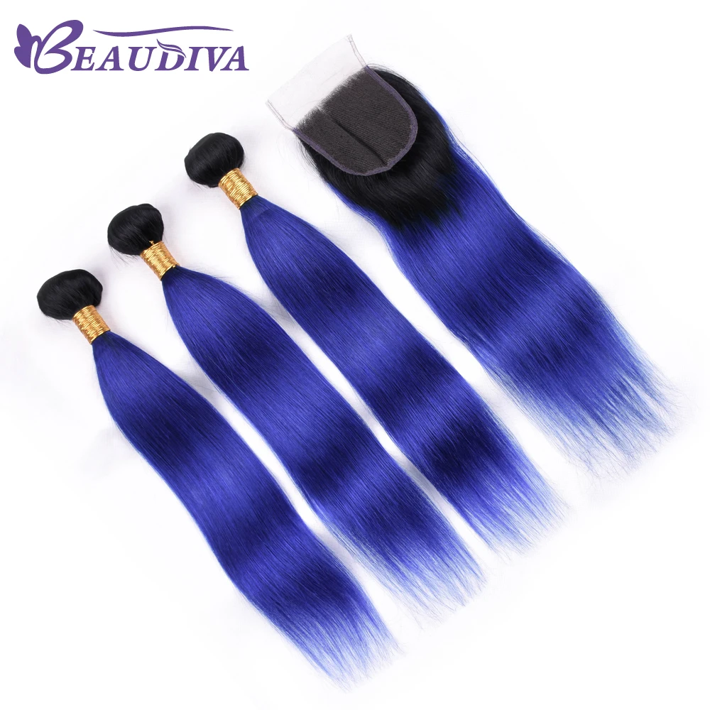 Beaudiva для продажи TB/Blue бразильские прямые волосы 3 пучка с закрытием пучки шнурка - Фото №1