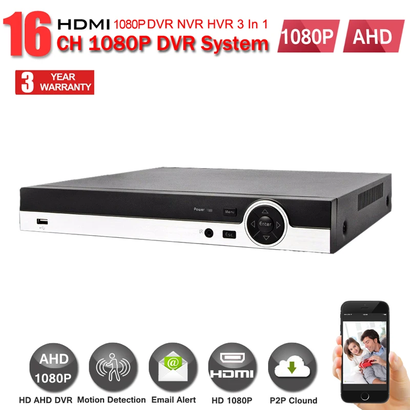 16-канальный AHD DVR 1080P 16CH 2SATA HDD Port 3G Wifi 1920*1080 2MP CCTV Видеорегистратор Hybrid NVR HVR 3 В 1 Система безопасности