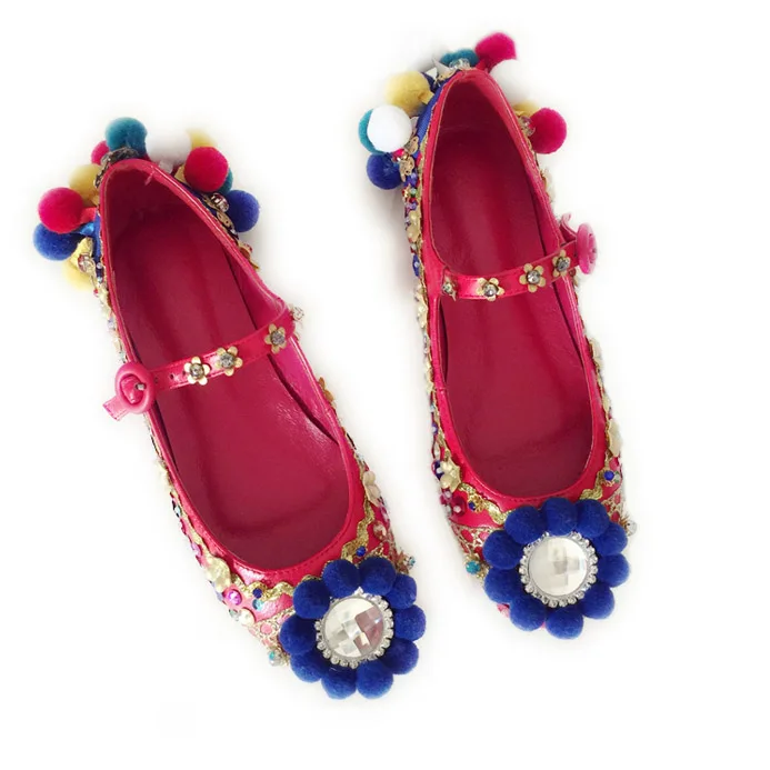 

2019 Luxury Pom Pom Sequins Flat Mary Janes Big Gemstone Red Shoes Women Genuine Leather Shoes for Vacation Beach Flats