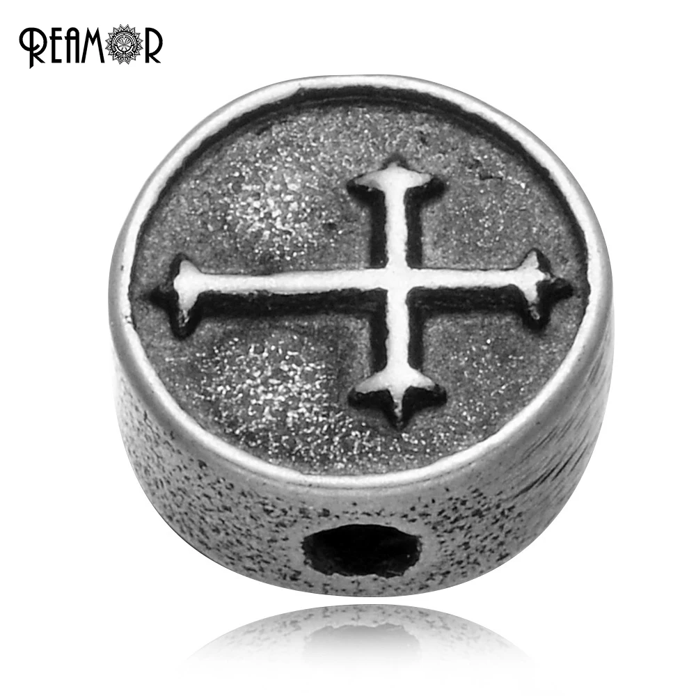

REAMOR 5pcs 316L Stainless Steel Round Cross Charms Beads 2mm Small Holes Beads For DIY Beaded Bracelets Jewelry Making