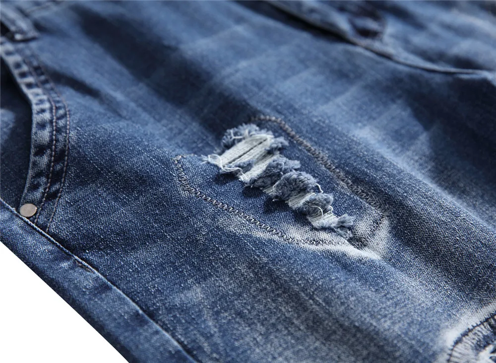 Biker Jeans Men Skinny Hole Motorcycle Stretch Cargo Denim with Embroidered Pleated Slim Jean Men's Plus Size 40 42 Pants | Мужская