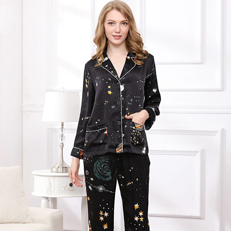 Elegance starry sky 100% natural silk pajamas sets women Fashion black long sleeve nightwear genuine silk noble pyjamas women