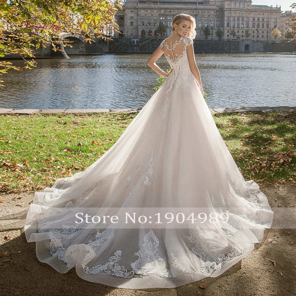 Liyuke 2019 Married A-line Wedding Dress Lace Up Appliques Cap Sleeves Scoop Neck Customized Floor-length | Свадьбы и торжества
