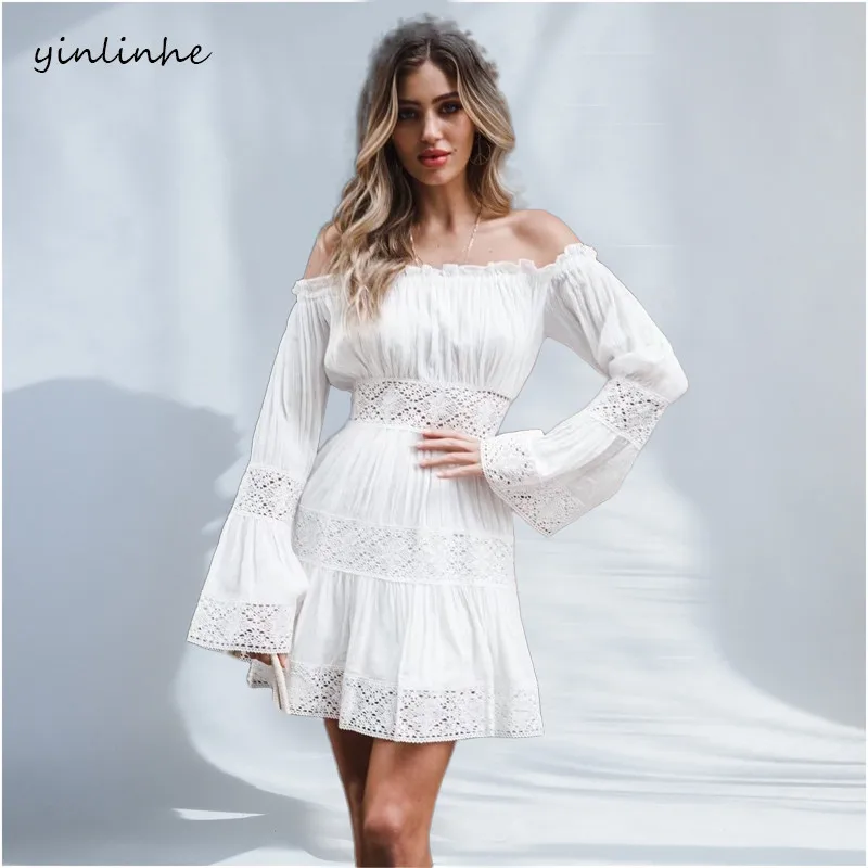 yinlinhe Lace White Summer Dress Long Sleeve Off Shoulder Women Sexy Hollow Out Slash Neck Elegant Vestidos 393 | Женская одежда