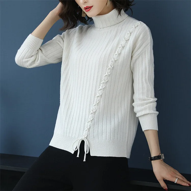 pure wool turtleneck knit women fashion cross lace up pullover sweater solid color S-M retail wholesale | Женская одежда