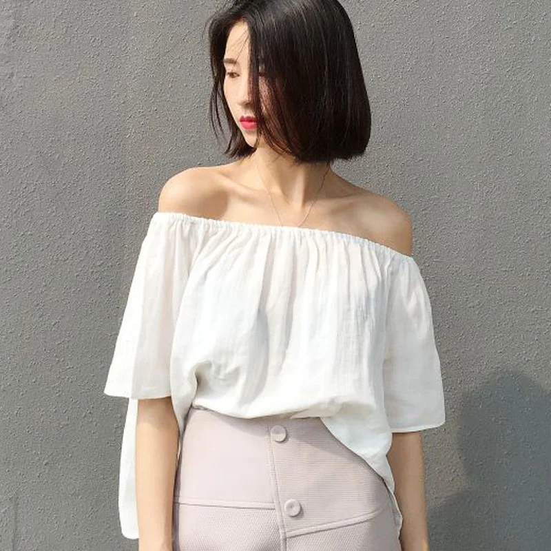 Newest Off The Shoulder Tops Vogue Summer Hot Sale Feminine Half Sleeve Slash Neck Casual Loose Blouse Shirt |