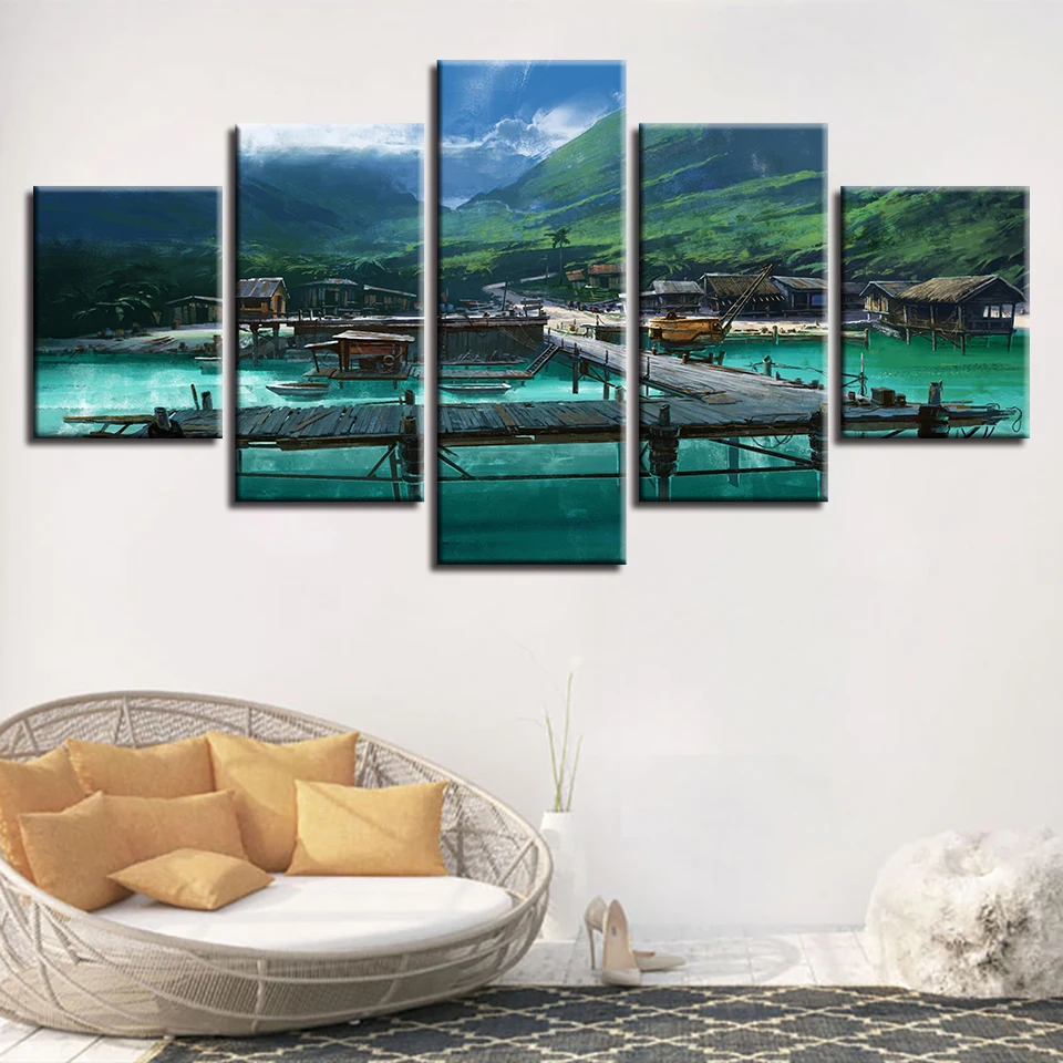 

Paintings Decor Frame Wall Art 5 Pieces Wooden Bridge Retro House And Mountains Scenery Pictures Canvas Modular Poster HD Prints