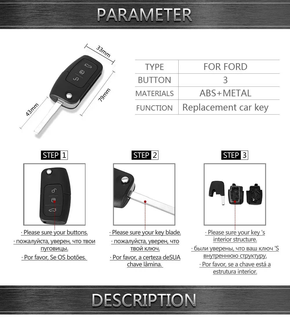 KEYYOU 10X3 Кнопка флип складной модифицированный Uncut автомобиль заготовка для ключа зажигания дистанционного Fob Крышка для Ford Focus Fiesta C Max KA