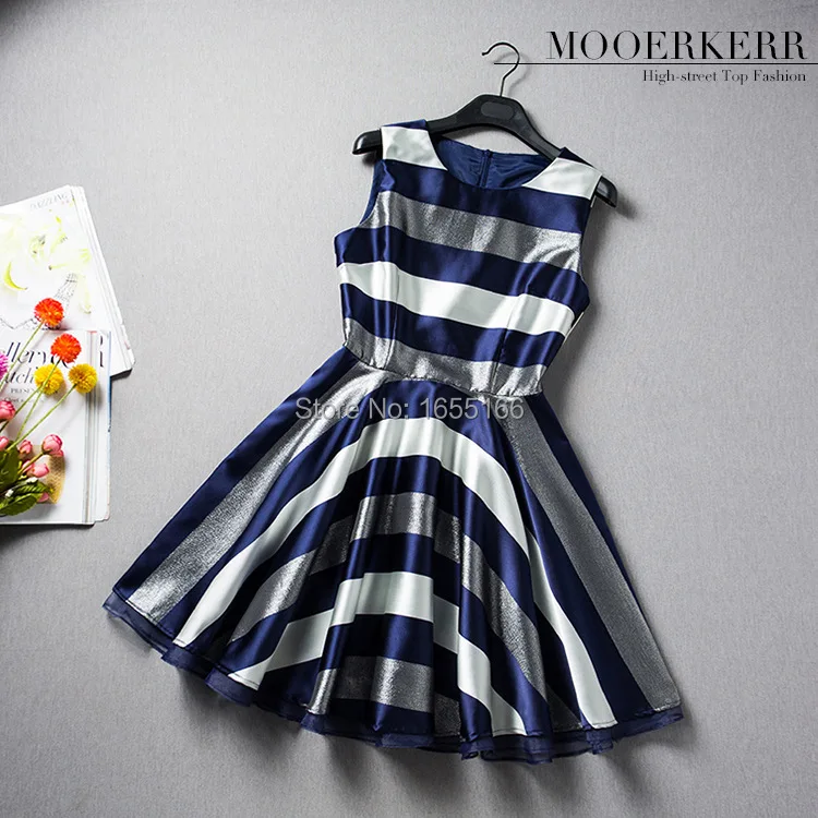 2015 European leg of and American women's spring summer stripe print sleeveless dress Slim | Женская одежда