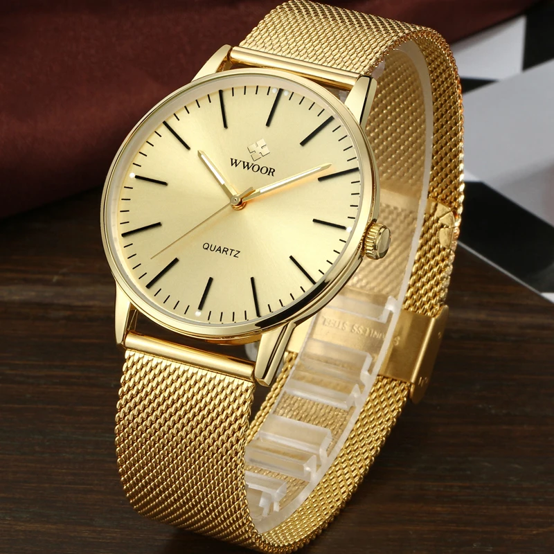 WWOOR мужские тонкие кварцевые простые часы золотые стальные сетчатые ультра