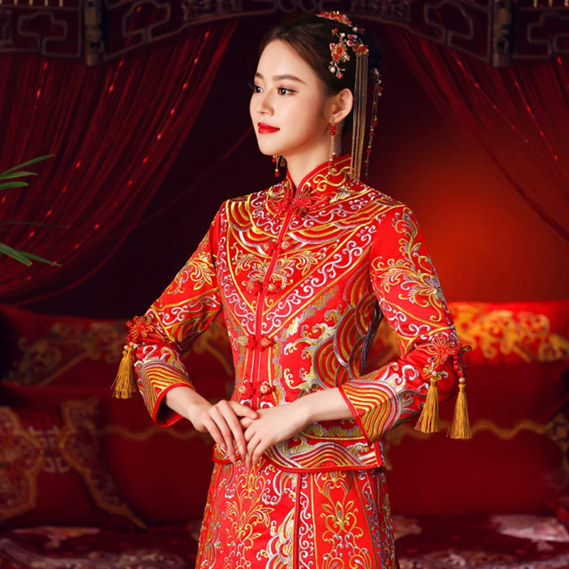 

Red Traditional Show bride Embroidery cheongsam married suits chinese style wedding formal dress female Overseas Chinese Qipao