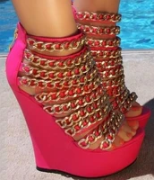 gold metal chains wedge sandal peep toe cover heel wedge heel gladiator sandal boots woman platform sandal summer booties