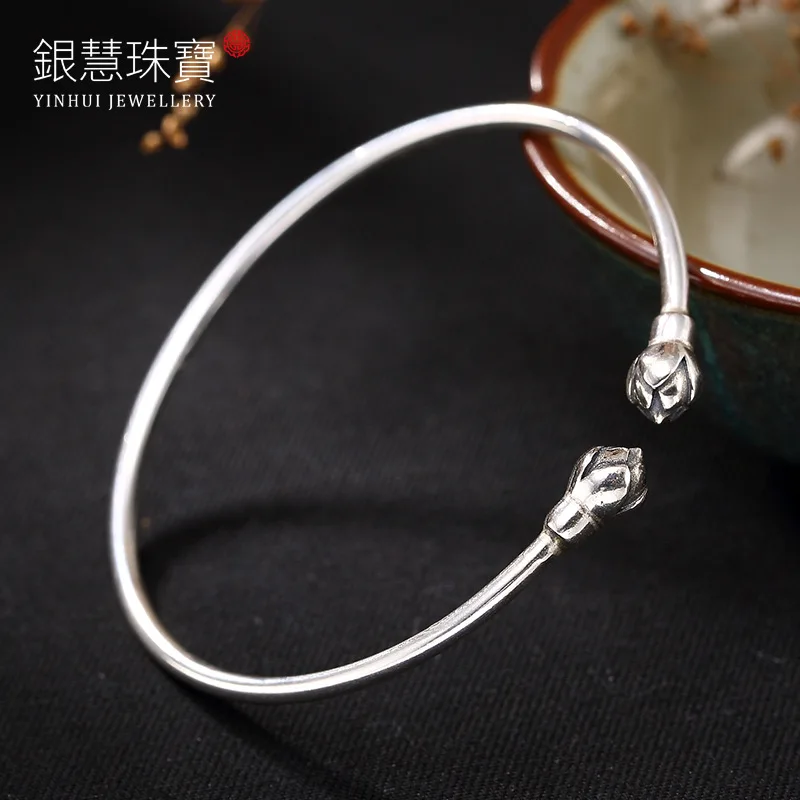 

Contracted 2018 Hot Sale S925 Pure Silver Smooth Lotus Thai Silver Restoring Ancient Ways Ms Solid Bracelet Wholesale