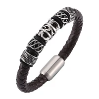 unique men jewelry punk brown braided leather vintage bracelet steel magnetic clasps wristband personality man bracalete sp0139