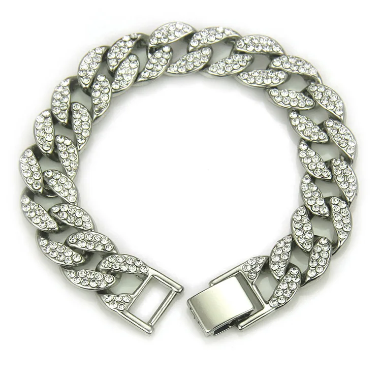 Silver Bracelet Серебряное золотое ожерелье в стиле хип-хоп с блестящей цепочкой, 15 мм, браслет со стразами для мужчин, ювелирное ожерелье s - Окраска металла: Silver Bracelet