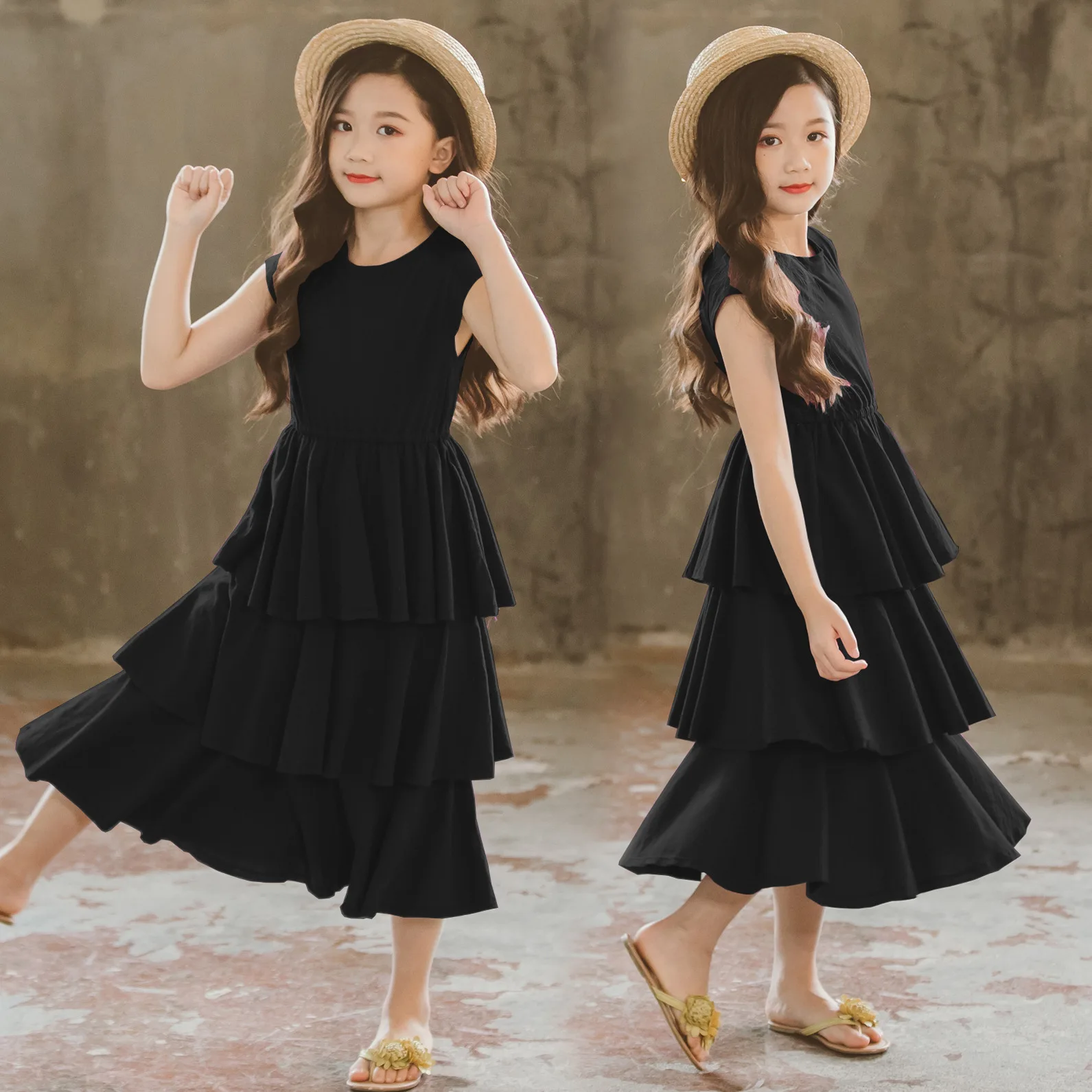 Black 3 Layer Cake Dress for Girls Summer Elegant Princess Teens Girl Party Frock Kids Cotton Maxi Long Children Evening Dresses | Детская