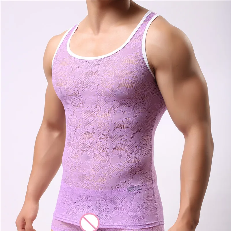 Purple(Only Tops) Сексуальные мужские трусы, сетчатые пикантные топы, футболки, прозрачные Мужские фуфайки для бодибилдинга, модные кружевные трусы - Цвет: Purple(Only Tops)
