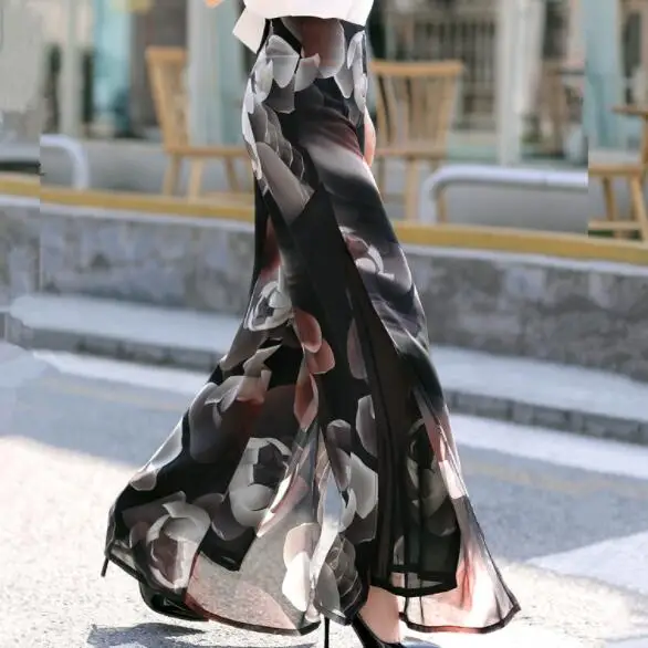 Новинка лета 2019 тонкие шифоновые широкие брюки с цветочным принтом и разрезом