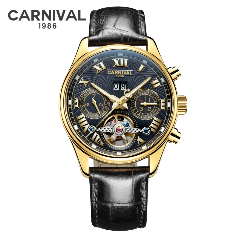 Black Leather Gold Карнавал Скелет автоматические часы для мужчин сапфировое стекло светящийся указатель люксовый бренд Tourbillon механические часы - Цвет: Black Leather Gold