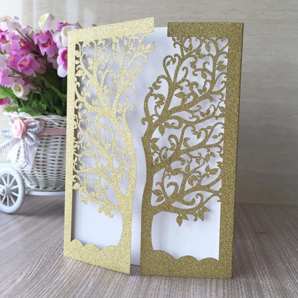 

50pcs New Shining Glittery Paper Craft Luxury Glod Silver Chic Tree Wedding Invitation card wedding favors Decoration supplier