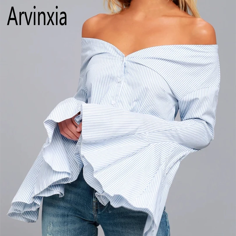 Arvinxia ZA сексуальная полосатая женская блузка с открытыми плечами и оборками новая